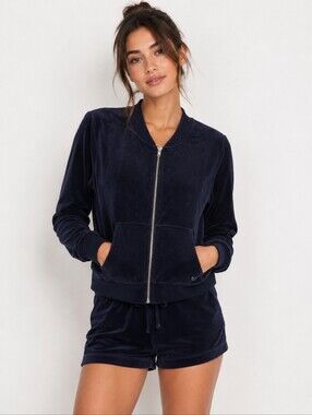 Victoria’s Secret Velour Zip Up Jacket XS Navy Blue Cozy Lounge